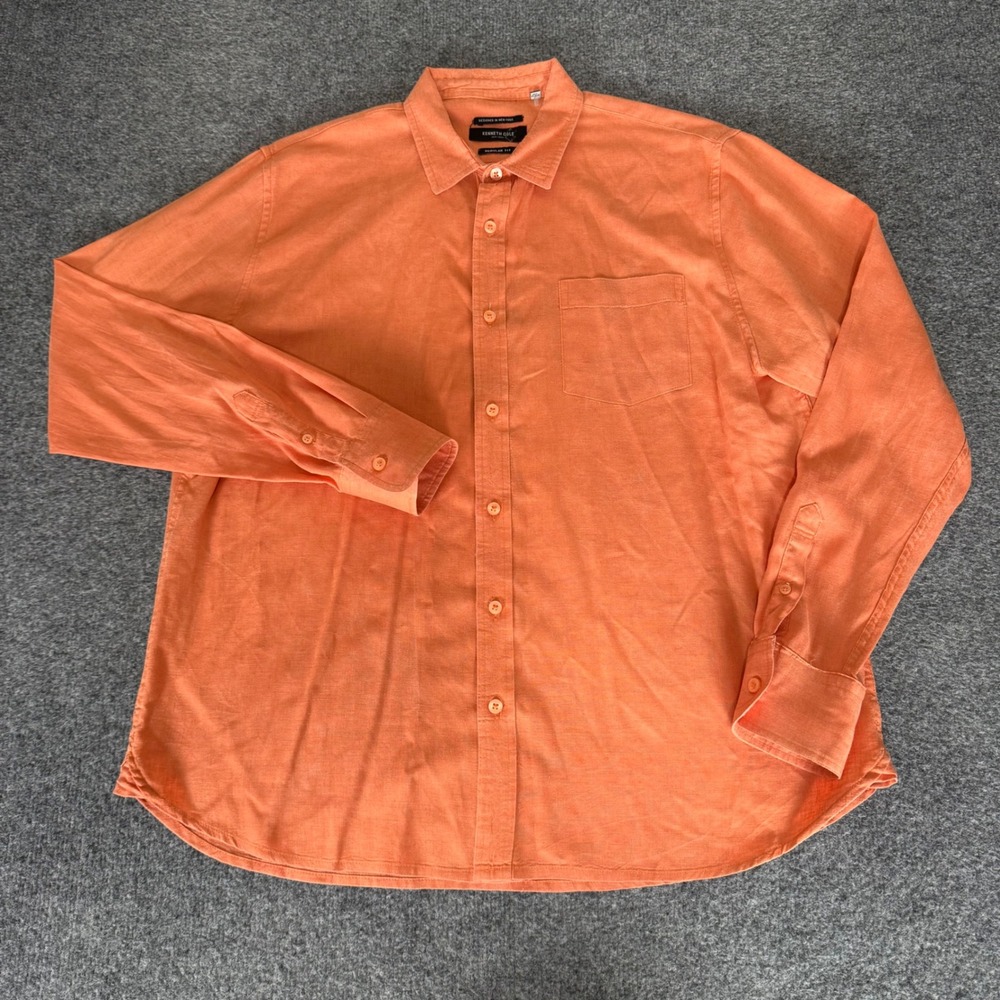 Kenneth Cole New York Mens Linen Blend Long Sleeve Button Up Shirt Orange Large